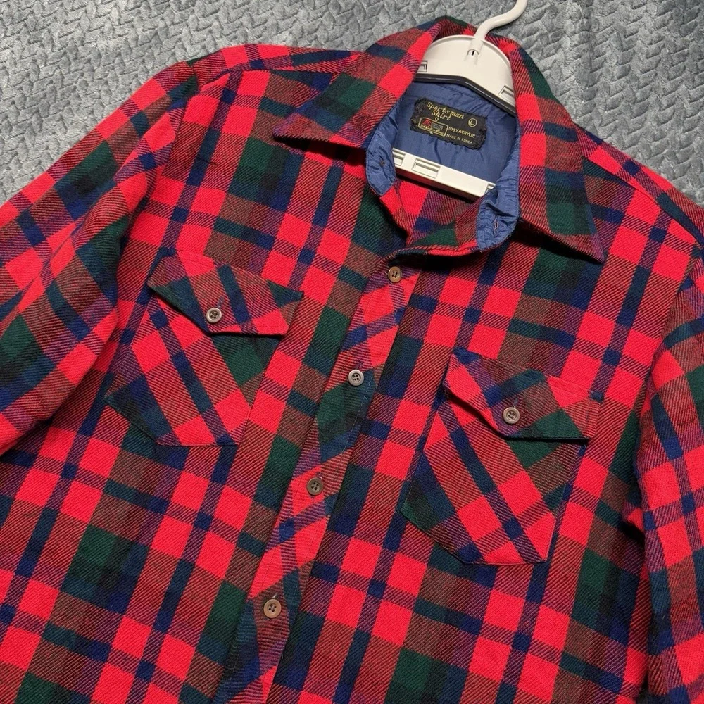 VTG Kmart Sportsman Shirt L Red Green Plaid Quilted Flannel Korea Made 70s 80s - Picture 1 of 9